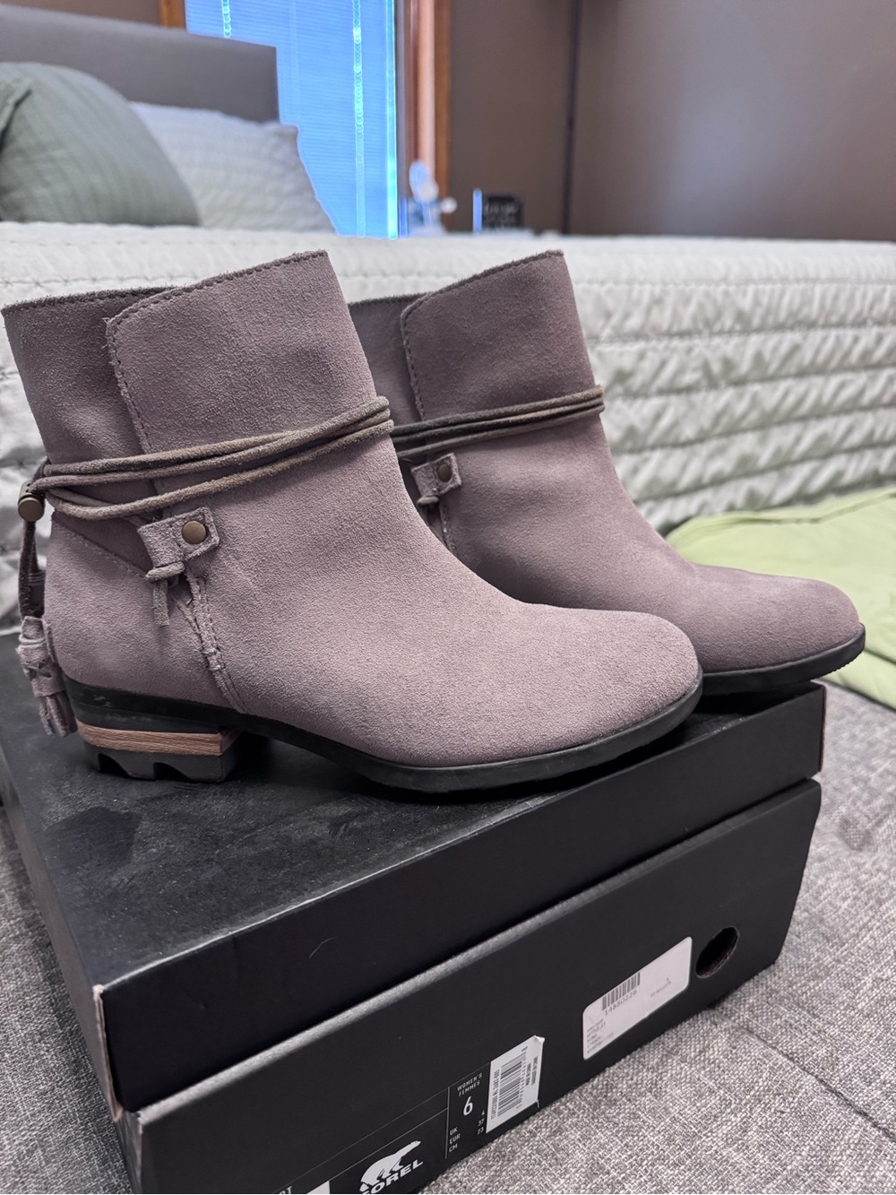 Sorel Taupe Suede Wrap Tassel Ankle Boots